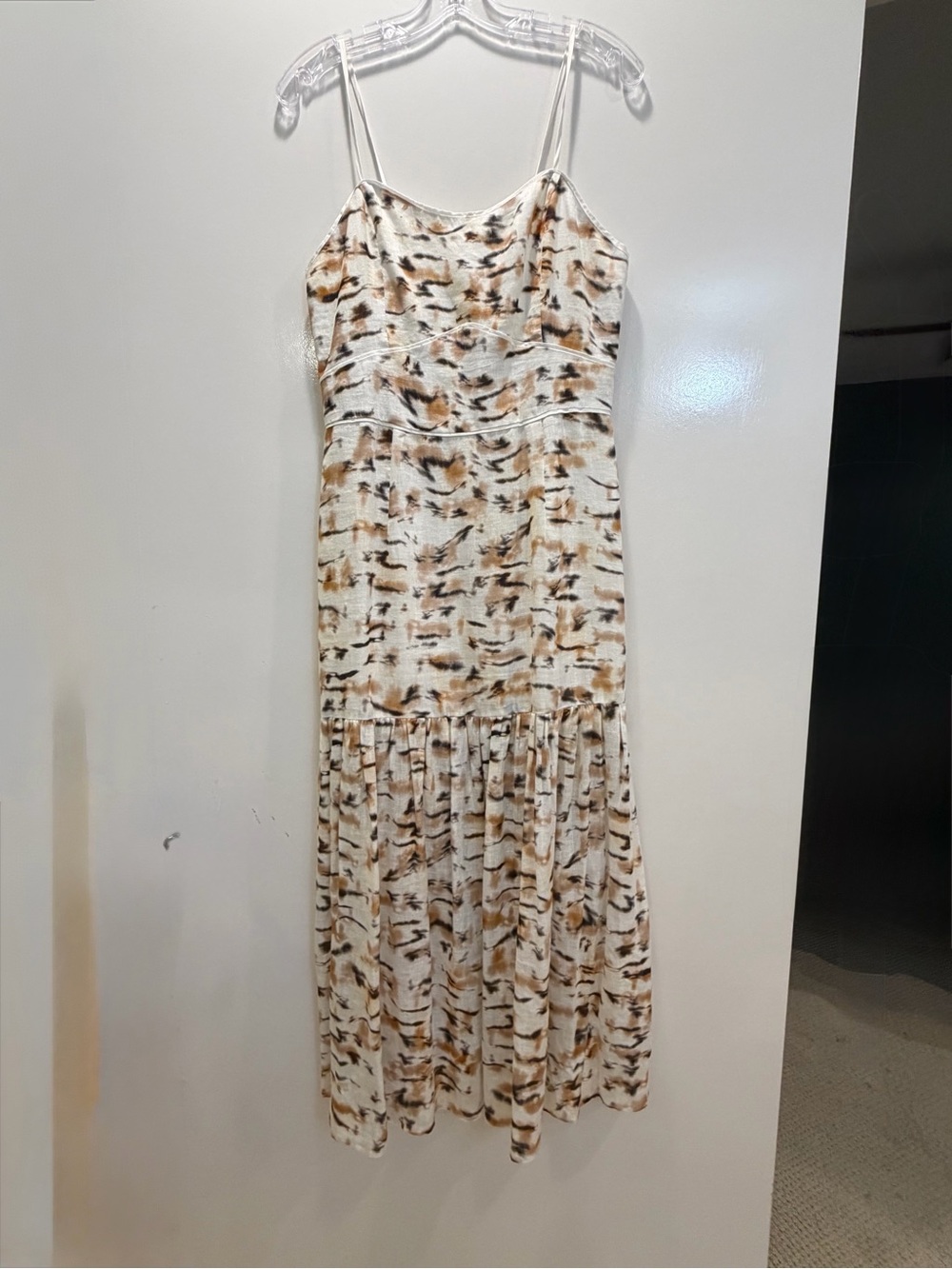 Christy Lynn Linen Light Cream & Brown Printed Slip Maxi Dress, M
